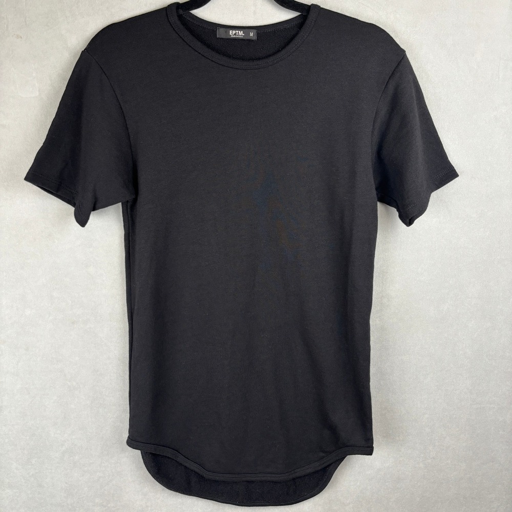 EPTM Mens Black Short Sleeve Fleece Scalloped Curved Hem Longline Shirt Size M